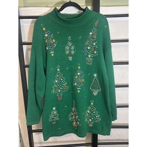 Vintage Victoria Jones Green Christmas Sweater Embellish Beaded Mock Neck Size L